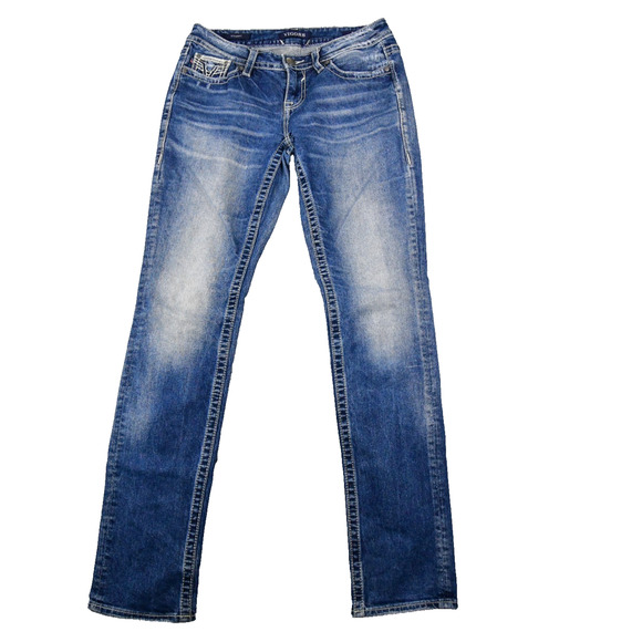 VIGOSS Jeans Womens 6 (30x33) Straight Rhinestone Blue Denim Stretch - Picture 1 of 12